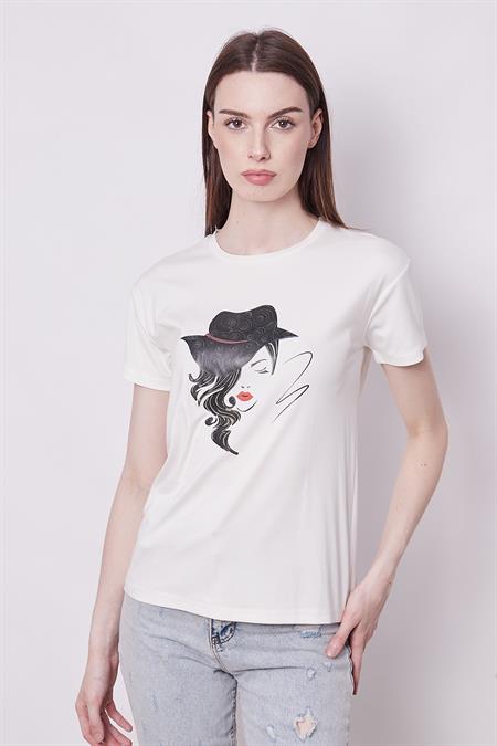 Baskılı Sıfır Yaka Kırışmaz Span Karışımlı Şık Kısa Kol T-shirt Bluz-Şapkalı