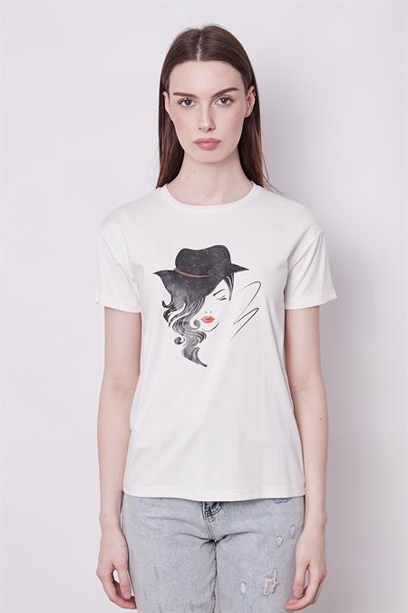 Baskılı Sıfır Yaka Kırışmaz Span Karışımlı Şık Kısa Kol T-shirt Bluz-Şapkalı