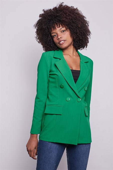Kadın Düğme Detaylı Uzun Kol Şık Ofis Süs Cep Kapaklı Kumaş Blazer Ceket-Benetton Yeşil