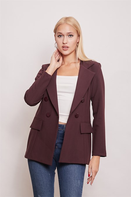 Kadın Düğme Detaylı Uzun Kol Şık Ofis Süs Cep Kapaklı Kumaş Blazer Ceket-Mürdüm