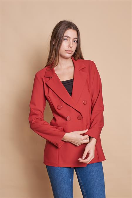 Kadın Düğme Detaylı Uzun Kol Şık Ofis Süs Cep Kapaklı Kumaş Blazer Ceket -Bordo 