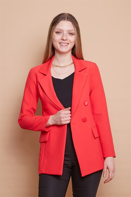Kadın Düğme Detaylı Uzun Kol Şık Ofis Süs Cep Kapaklı Kumaş Blazer Ceket-Mercan 