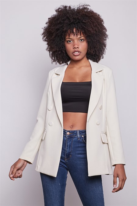 Kadın Düğme Detaylı Uzun Kol Şık Ofis Süs Cep Kapaklı Kumaş Blazer Ceket-Şampanya