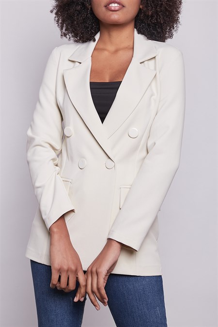 Kadın Düğme Detaylı Uzun Kol Şık Ofis Süs Cep Kapaklı Kumaş Blazer Ceket-Şampanya