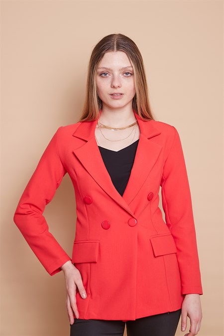 Kadın Düğme Detaylı Uzun Kol Şık Ofis Süs Cep Kapaklı Kumaş Blazer Ceket-Mercan 