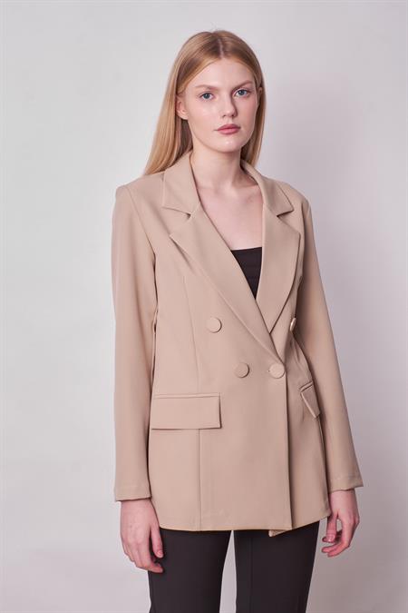 Kadın Düğme Detaylı Uzun Kol Şık Ofis Süs Cep Kapaklı Kumaş Blazer Ceket -Taş 