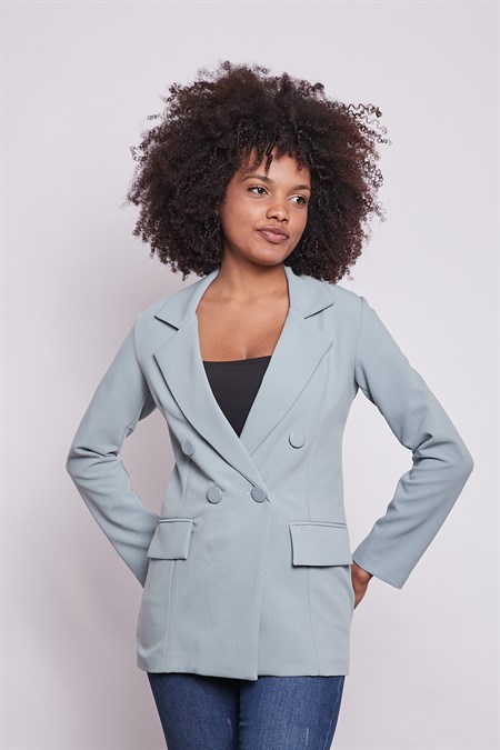Kadın Düğme Detaylı Uzun Kol Şık Ofis Süs Cep Kapaklı Kumaş Blazer Ceket-Mint