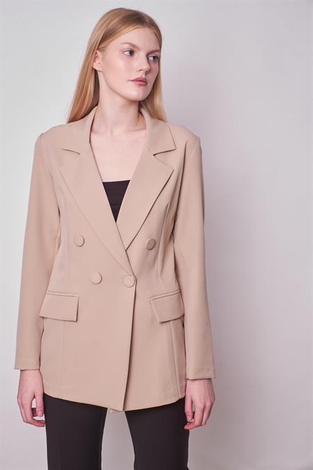 Kadın Düğme Detaylı Uzun Kol Şık Ofis Süs Cep Kapaklı Kumaş Blazer Ceket -Taş 