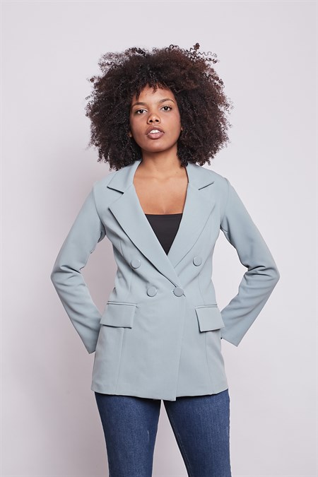 Kadın Düğme Detaylı Uzun Kol Şık Ofis Süs Cep Kapaklı Kumaş Blazer Ceket-Mint