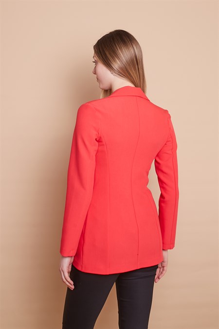 Kadın Düğme Detaylı Uzun Kol Şık Ofis Süs Cep Kapaklı Kumaş Blazer Ceket-Mercan 