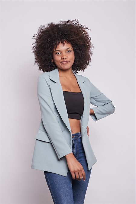 Kadın Düğme Detaylı Uzun Kol Şık Ofis Süs Cep Kapaklı Kumaş Blazer Ceket-Mint