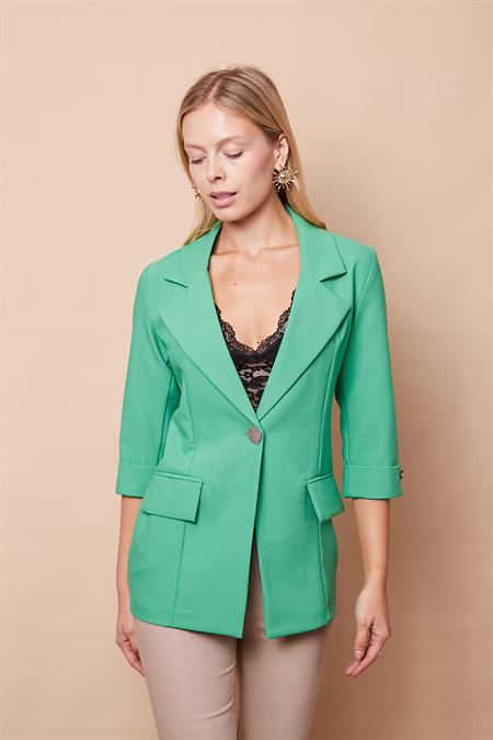 Metal Düğme Detaylı Cep Kapaklı Truvakar Kol Likralı Kumaş Blazer Spor Uzun Ceket-Benetton Yeşili