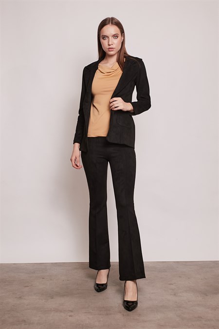 Süet Kumaş Cep Detaylı Düğmeli Şık Blazer Ceket-Siyah