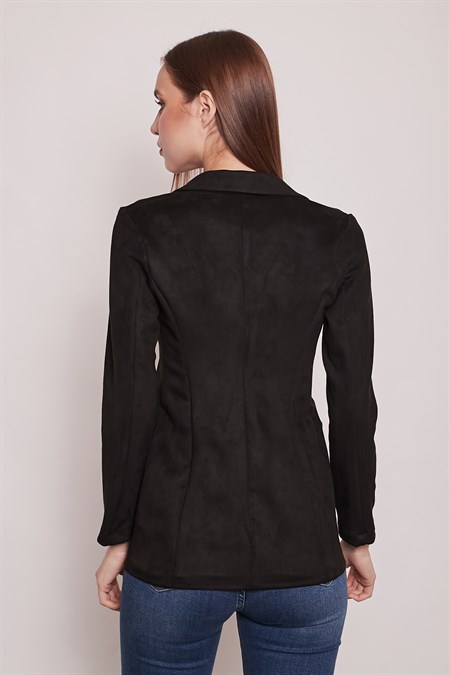 Süet Kumaş Cep Detaylı Düğmeli Şık Blazer Ceket-Siyah