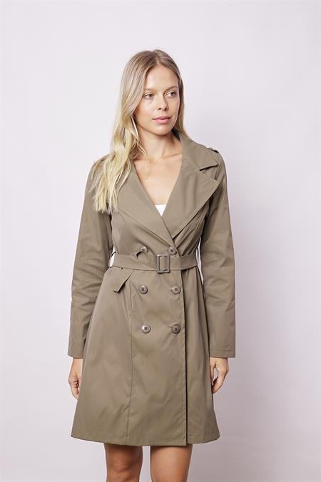 Kadın Cepli Kruvaze Anvelop Kemerli Hafif Likralı Kumaş Uzun Trençkot Ceket-Haki