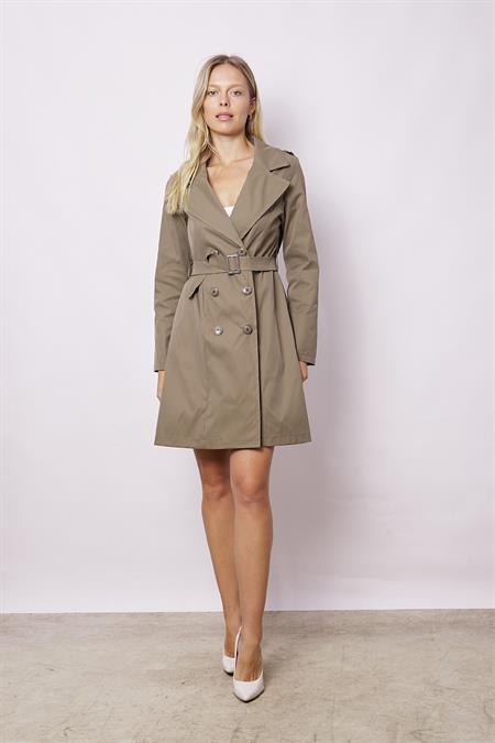 Kadın Cepli Kruvaze Anvelop Kemerli Hafif Likralı Kumaş Uzun Trençkot Ceket-Haki