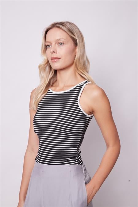 Kadın Çizgi Desneli Likralı Kaşkorse Kolsuz Body Bluz-Siyah Çizgi