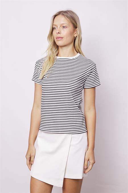 Kadın Likralı Çizgili Kaşkorse Sıfır Yaka Kısa Kol T-shirt Bluz-Beyaz Çizgi