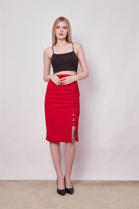 JUMENTkadın dantel detaylı önü büzgülü yırtmaçlı diz altı etek