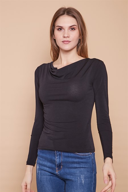 Krep Kumaş Degaje Yaka Uzun Kol Likralı Body-Siyah