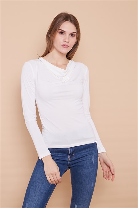 Krep Kumaş Degaje Yaka Uzun Kol Likralı Body-Krem
