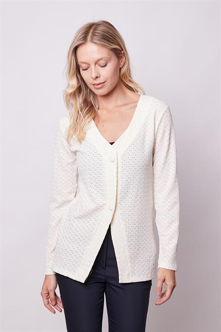 kadın delikli dantel v yaka uzun kol hırka