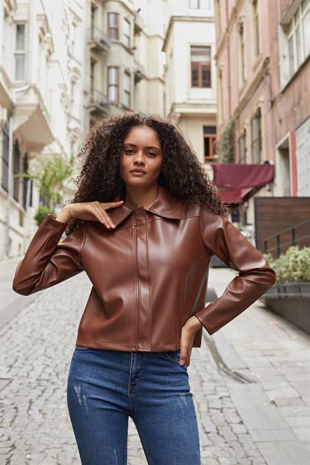 JUMENTKadın Deri Fermuarlı Uzun Kol Kaban -Taba 