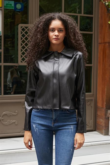 JUMENTKadın Deri Fermuarlı Uzun Kol Kaban -Siyah 