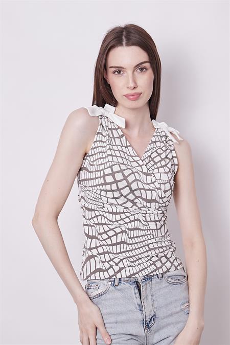 Desenli Likralı Kumaş Anvelop Kruvaze Ön Arka V Yaka Omuzları Bağcıklı Body Bluz-Vizon Desen