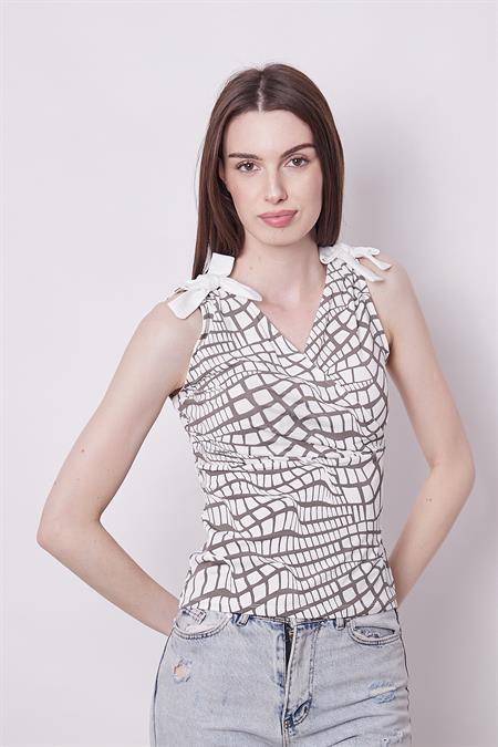 Desenli Likralı Kumaş Anvelop Kruvaze Ön Arka V Yaka Omuzları Bağcıklı Body Bluz-Vizon Desen