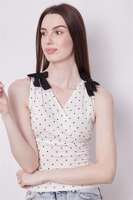 Desenli Likralı Kumaş Anvelop Kruvaze Ön Arka V Yaka Omuzları Bağcıklı Body Bluz-Siyah Puan