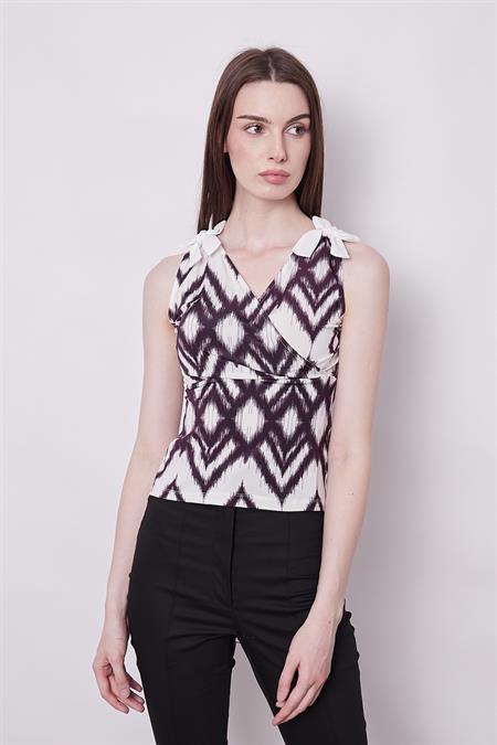 Desenli Likralı Kumaş Anvelop Kruvaze Ön Arka V Yaka Omuzları Bağcıklı Body Bluz-Murdum Desen