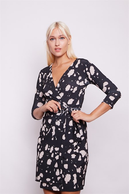 Desenli Kapri Truvakar Kol Anvelop Kruvaze Yandan Bağlamlı Elbise-Siyah Desen