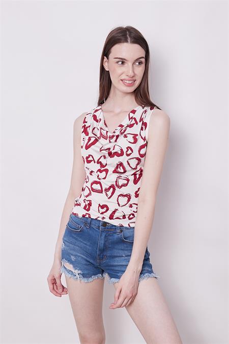Desenli Likralı Kumaş Degaje Yaka Kolsuz Body Bluz-Kırmızı Desen