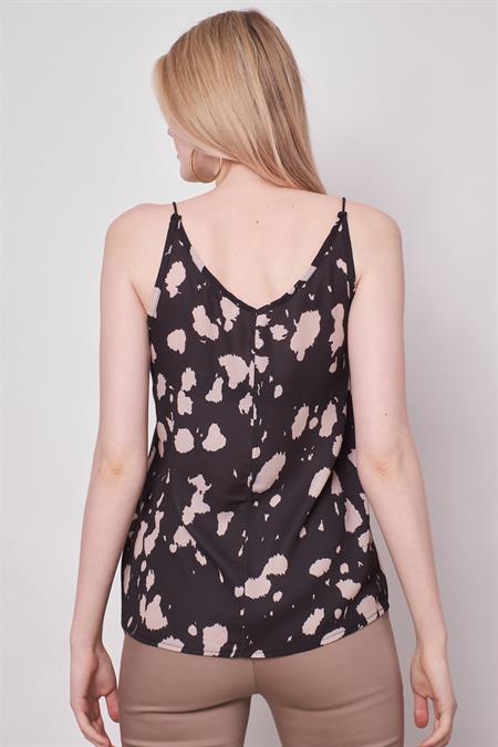 Desenli İp Askılı Likrasız Şık Kumaş Ceket İçi Bluz-Siyah Desen 