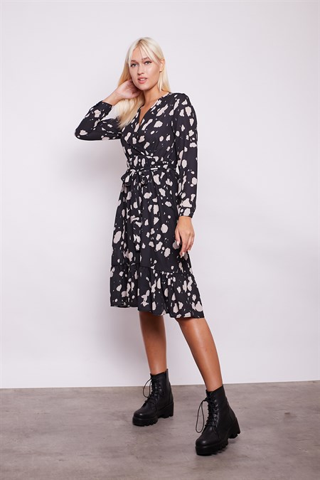Desenli Kruvaze Anvelop Uzun Kol Eteği Fırfırlı Elbise -Siyah Desen 