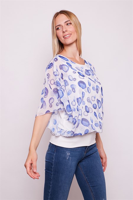 Desenli Şifon Detaylı Kayık Yaka Yarasa Kol Bluz -Mavi Desen 