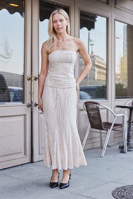 Kadın Desenli Tül Strapless Likralı Body Bluz-Bej