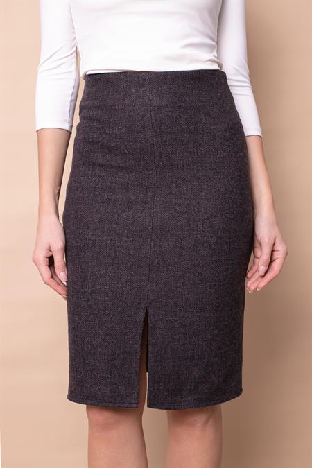 Kadın Diyagonal Hafif Likralı Yünlü Kumaş Önü Yırtmaçlı Diz Boy Kalem Etek-Kahve Diyagonal