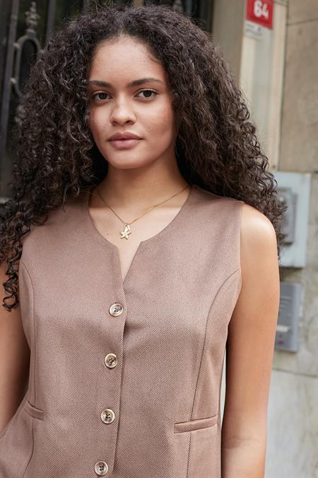 Kadın Süet Dokulu Kumaş Geniş Sıfır Yakalı Flato Cepli Yelek-Vizon