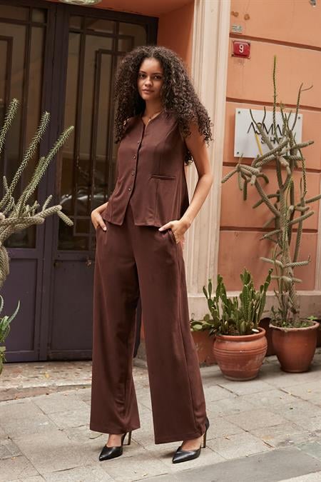 JUMENTKadın Diyagonal Geniş Sıfır Yakalı Flato Cepli Yelek-Kahve 