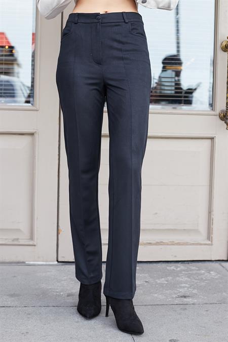 Kadın Diyagonal Yüksek Bel Alman Cepli Boru Paça Pantolon-Siyah 