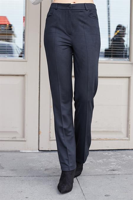 Kadın Diyagonal Yüksek Bel Alman Cepli Boru Paça Pantolon-Siyah 