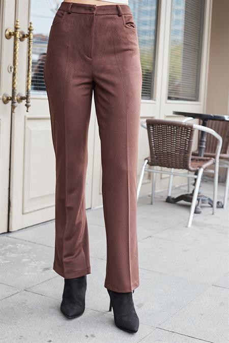 Kadın Diyagonal Yüksek Bel Alman Cepli Boru Paça Pantolon-Kahve 