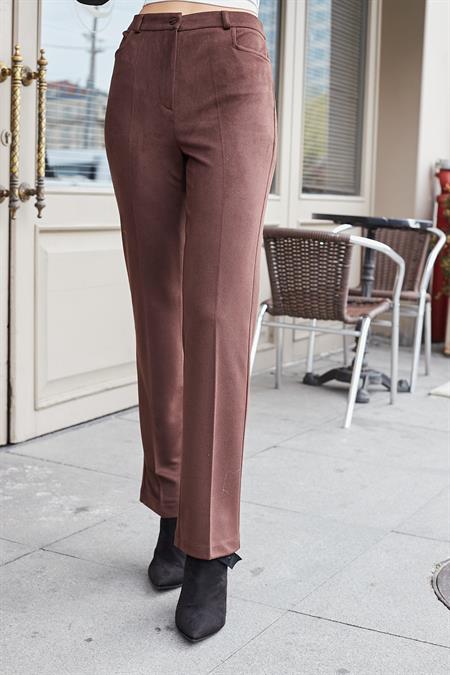 Kadın Diyagonal Yüksek Bel Alman Cepli Boru Paça Pantolon-Kahve 