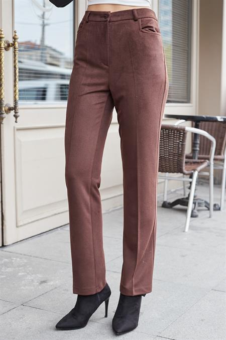 Kadın Diyagonal Yüksek Bel Alman Cepli Boru Paça Pantolon-Kahve 