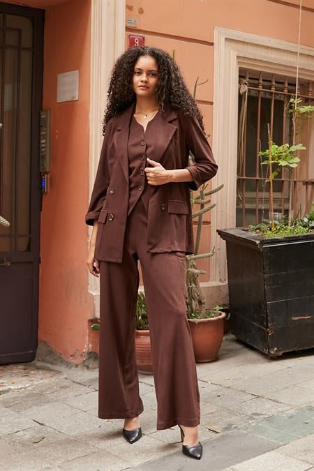 JUMENTKadın Diyagonal Yüksek Bel Yan Cepli Beli Lastikli Bol Paça Pantolon -Kahve