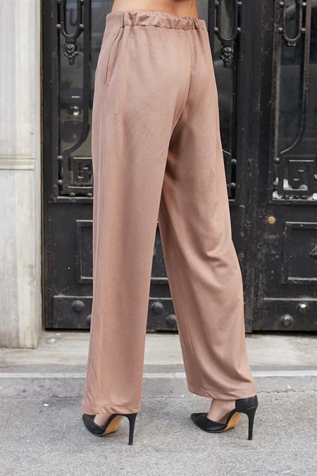 Kadın Süet Dokulu Kumaş Yüksek Bel Yan Cepli Beli Lastikli Bol Paça Palazzo Pantolon-Vizon