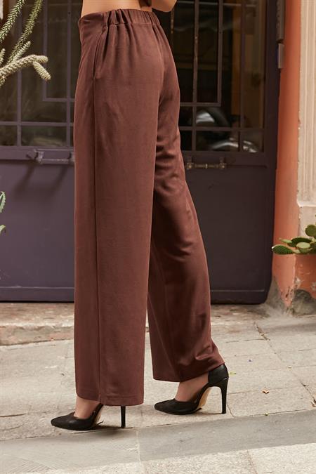 Kadın Süet Dokulu Kumaş Yüksek Bel Yan Cepli Beli Lastikli Bol Paça Palazzo Pantolon-Kahve