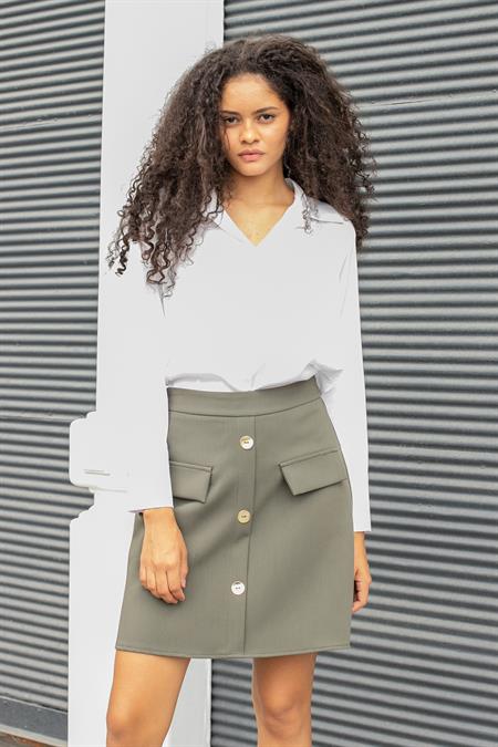 Kadın Diz Üstü Yüksek Bel Önü Düğmeli Cep Kapaklı Hafif Likralı Kumaş Çan Etek-Haki 